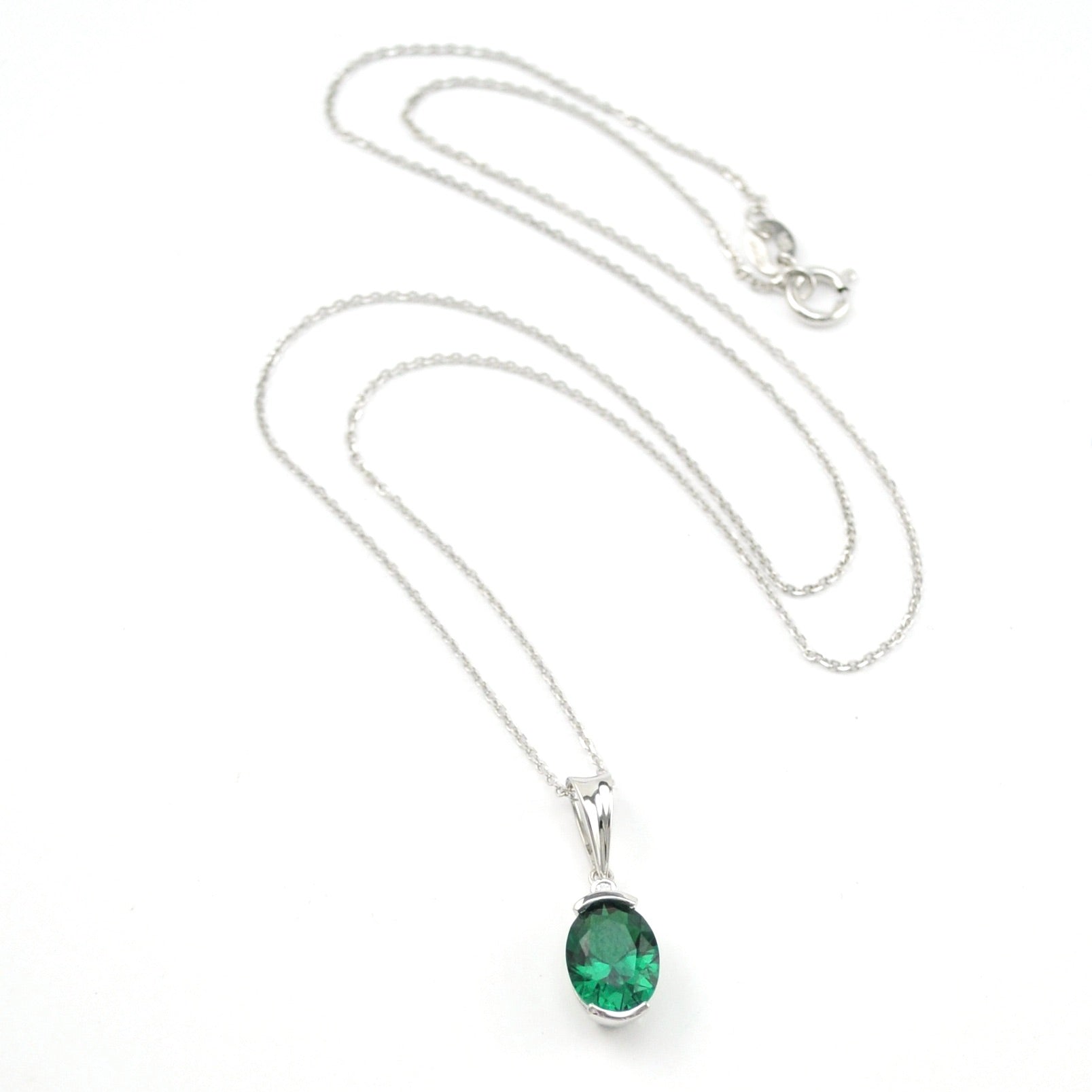 Silver Created Emerald 2ct Oval CZ Necklace