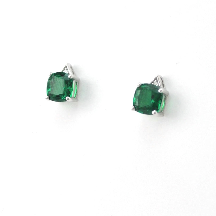 Silver Created Emerald 2ct Square CZ Earrings