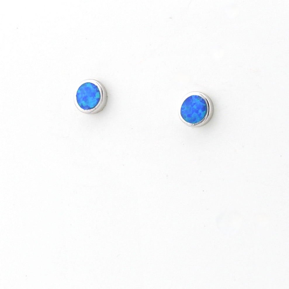 Silver Created Opal Blue 6mm Round Post Earrings