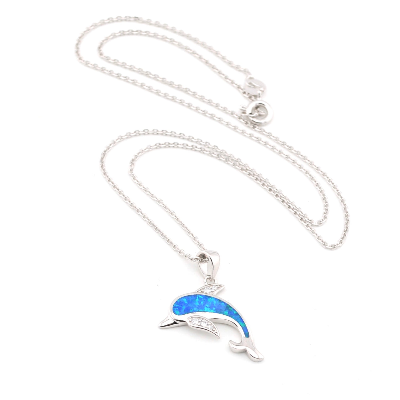 Silver Created Opal Blue Dolphin Necklace