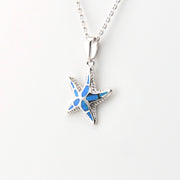 Star-shaped pendant with blue accents on a silver chain against a white background
