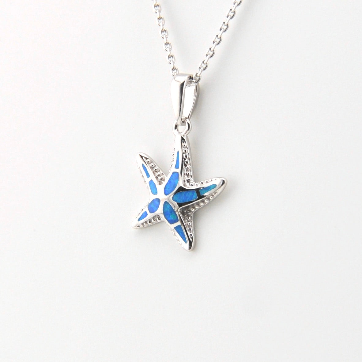 Star-shaped pendant with blue accents on a silver chain against a white background