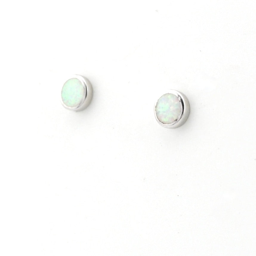 Silver Created Opal White 6mm Round Post Earrings