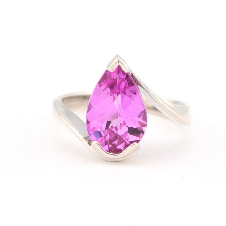 Silver Created Pink Sapphire 3.7ct Tear Ring