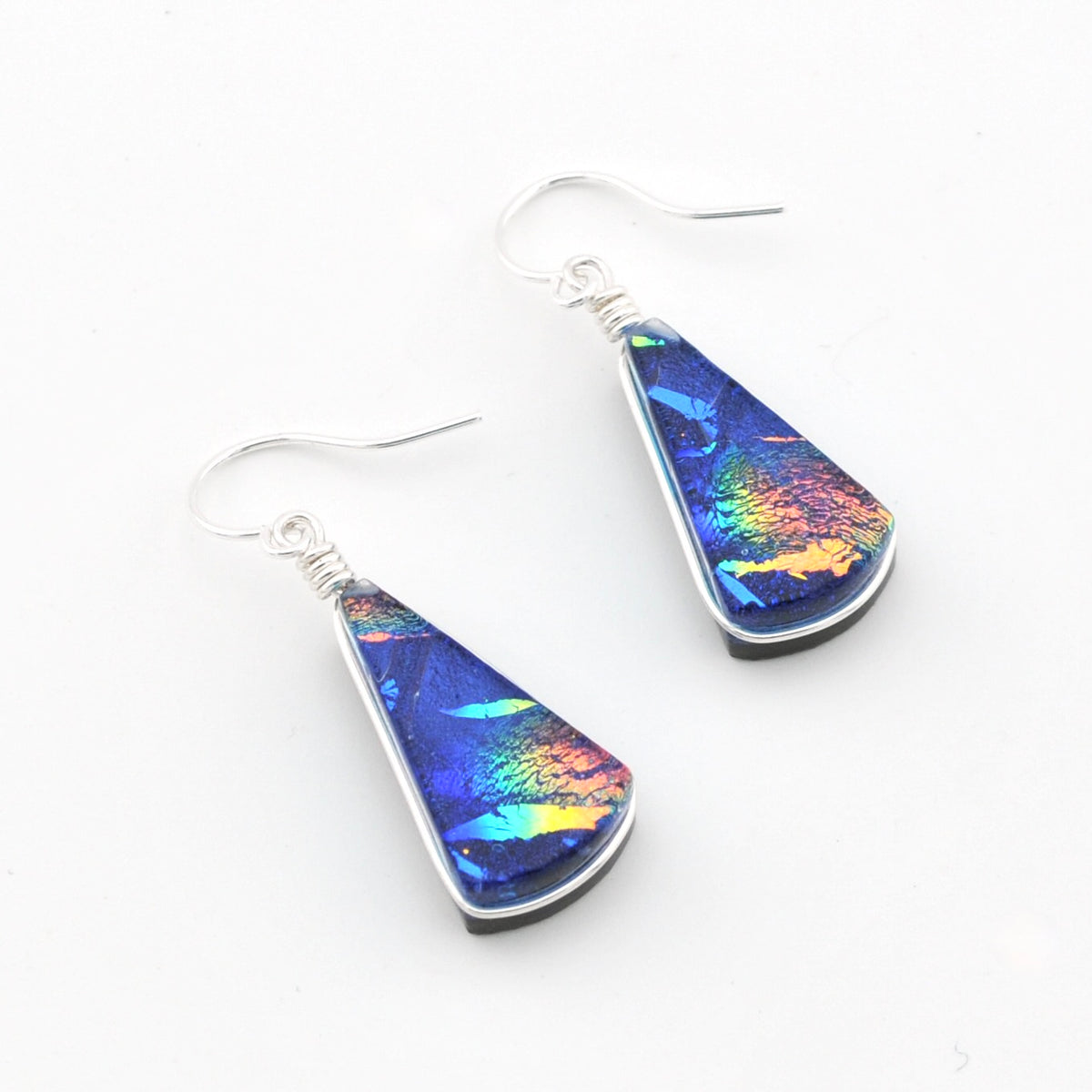 Dichroic Glass Blue Rainbow Fan Dangle Earrings
