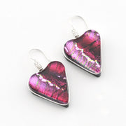 Silver Dichroic Glass Cranberry Red Heart Earrings