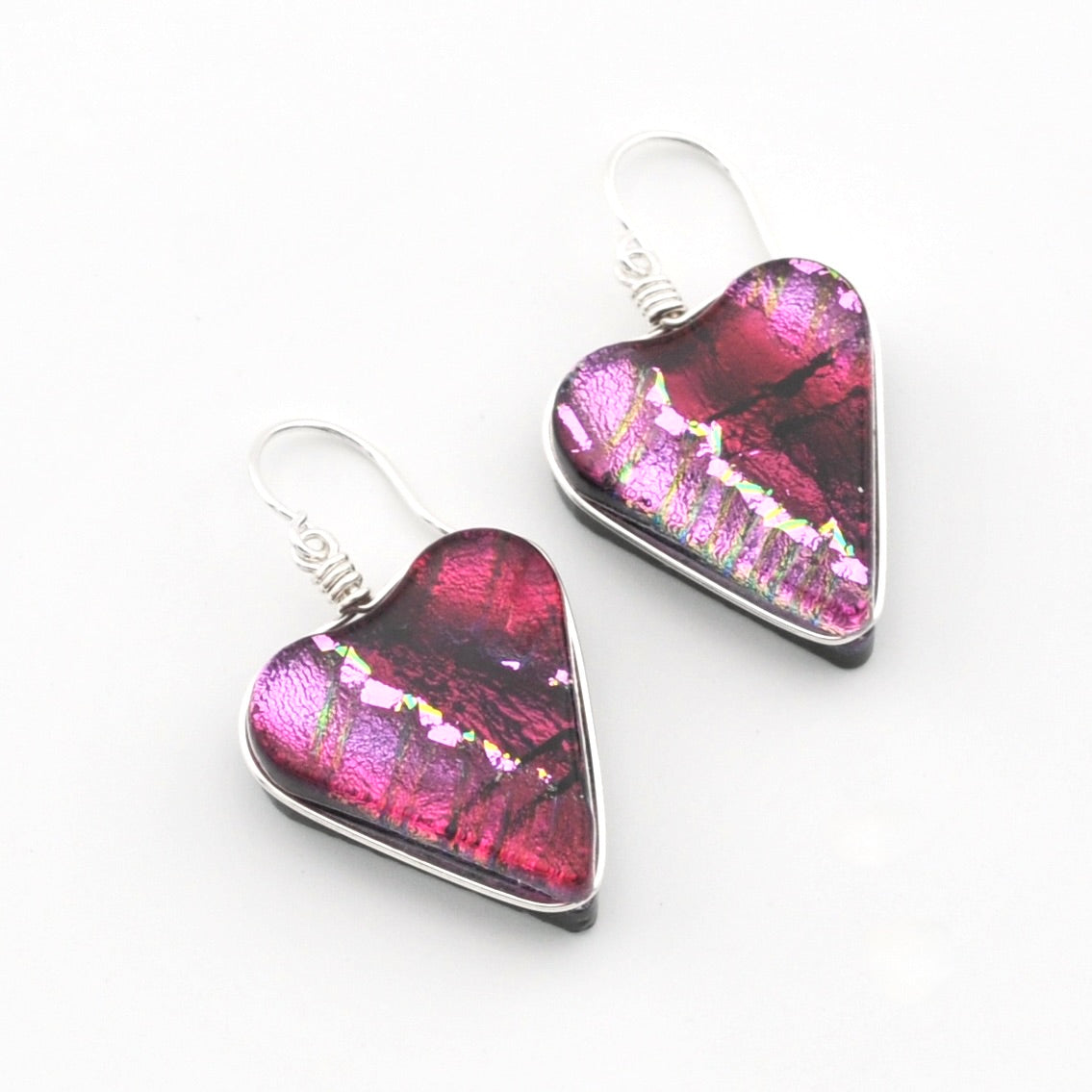 Silver Dichroic Glass Cranberry Red Heart Earrings