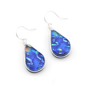Silver Dichroic Glass Rainbow Blue Lotus Dangle Earrings