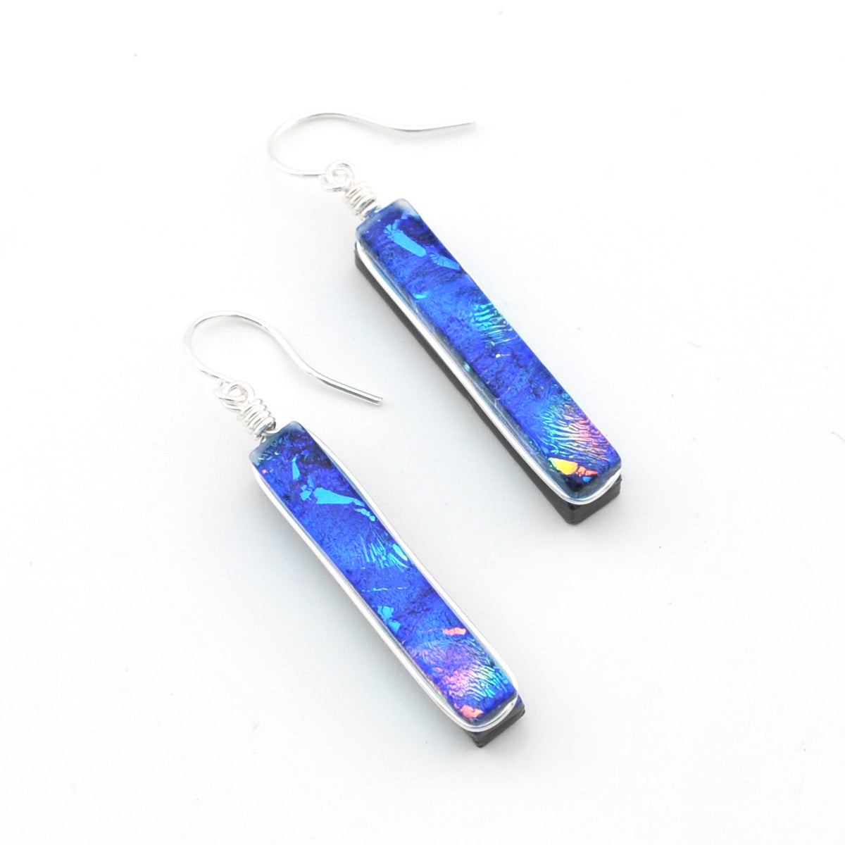 Silver Dichroic Glass Rainbow Blue Rectangle Earrings