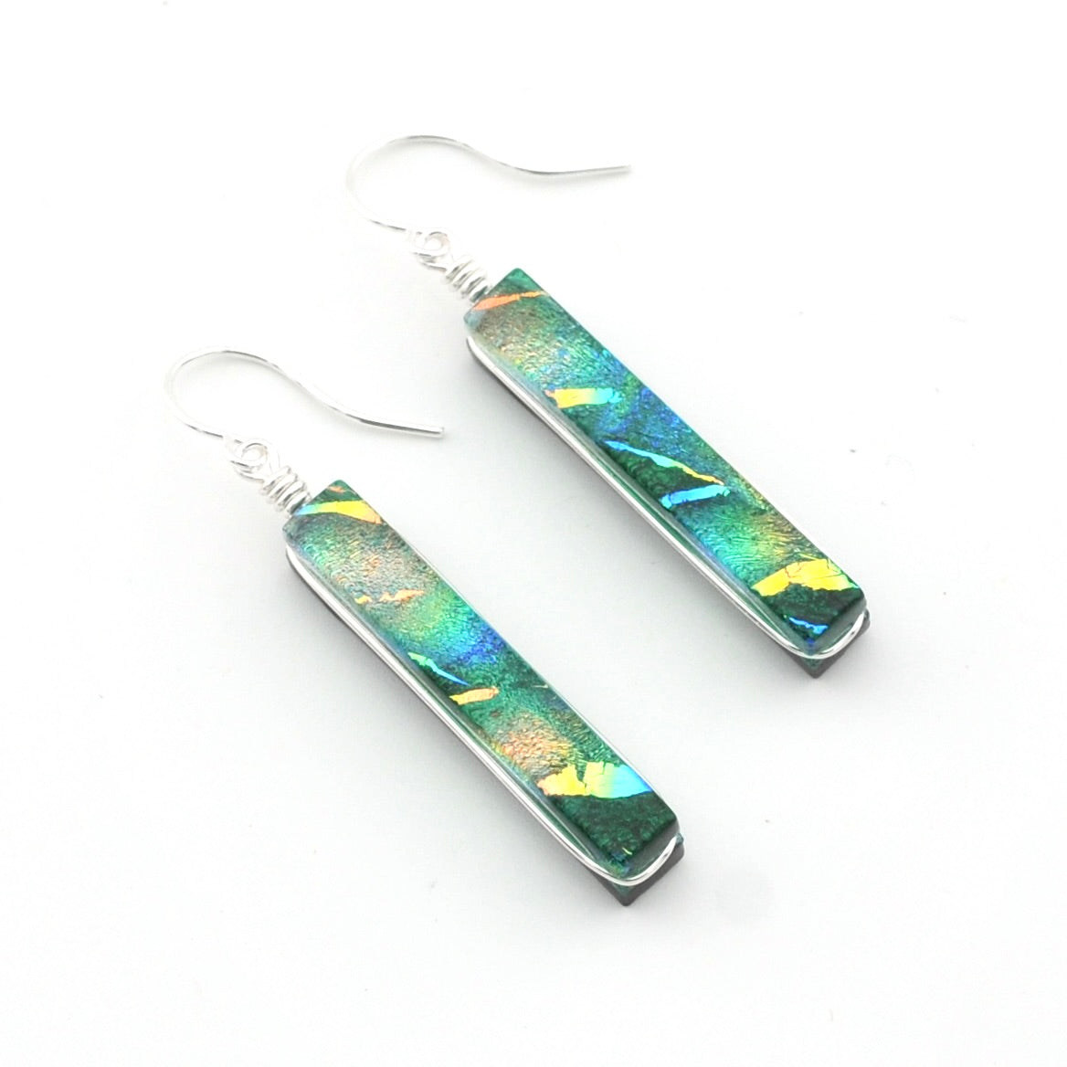 Silver Dichroic Glass Rainbow Green Rectangle Earrings