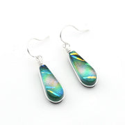 Silver Dichroic Glass Rainbow Green Small Tear Dangle Earrings