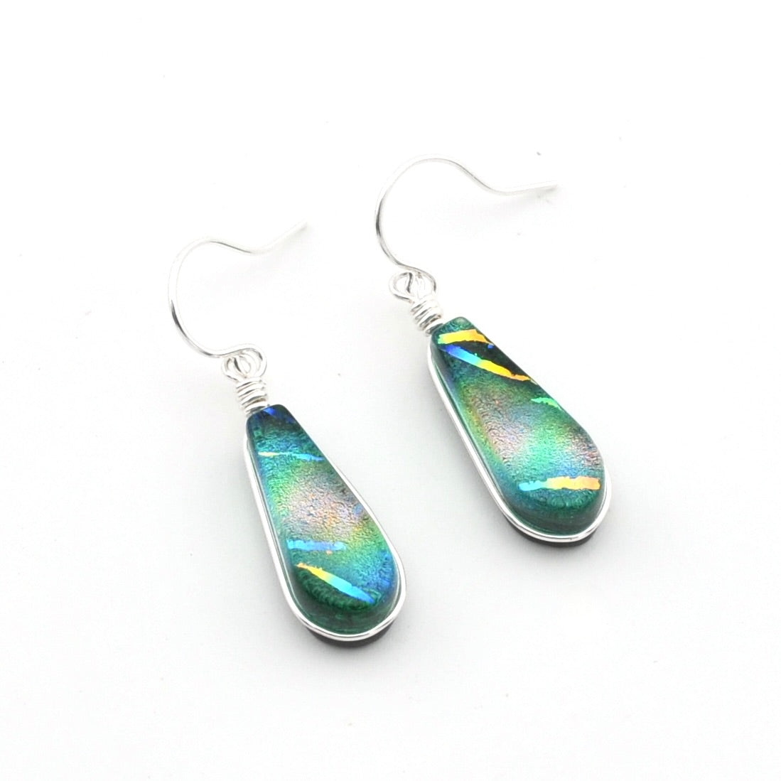 Silver Dichroic Glass Rainbow Green Small Tear Dangle Earrings