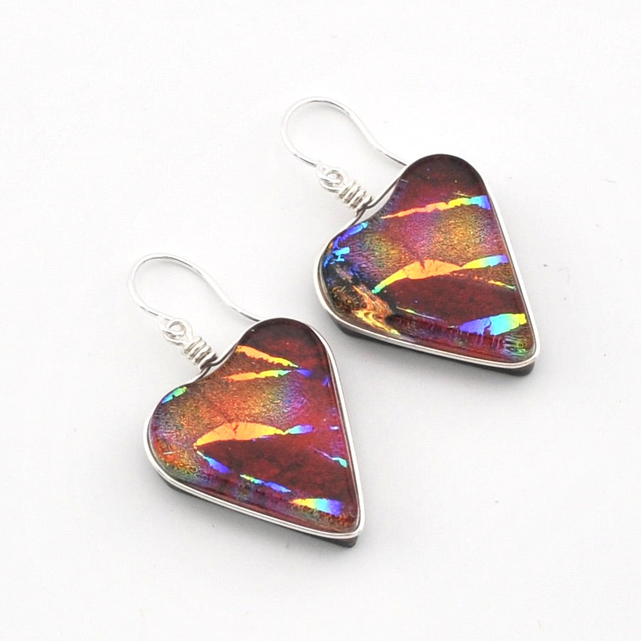 Silver Dichroic Glass Rainbow Red Heart Earrings