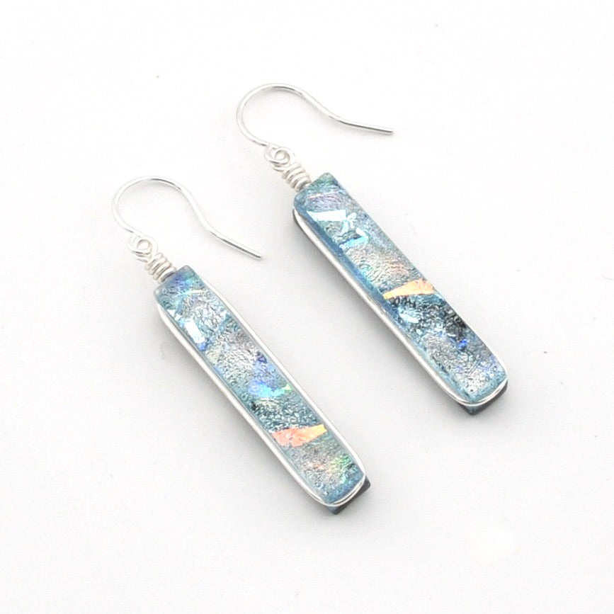 Silver Dichroic Glass Silver Rectangular Earrings