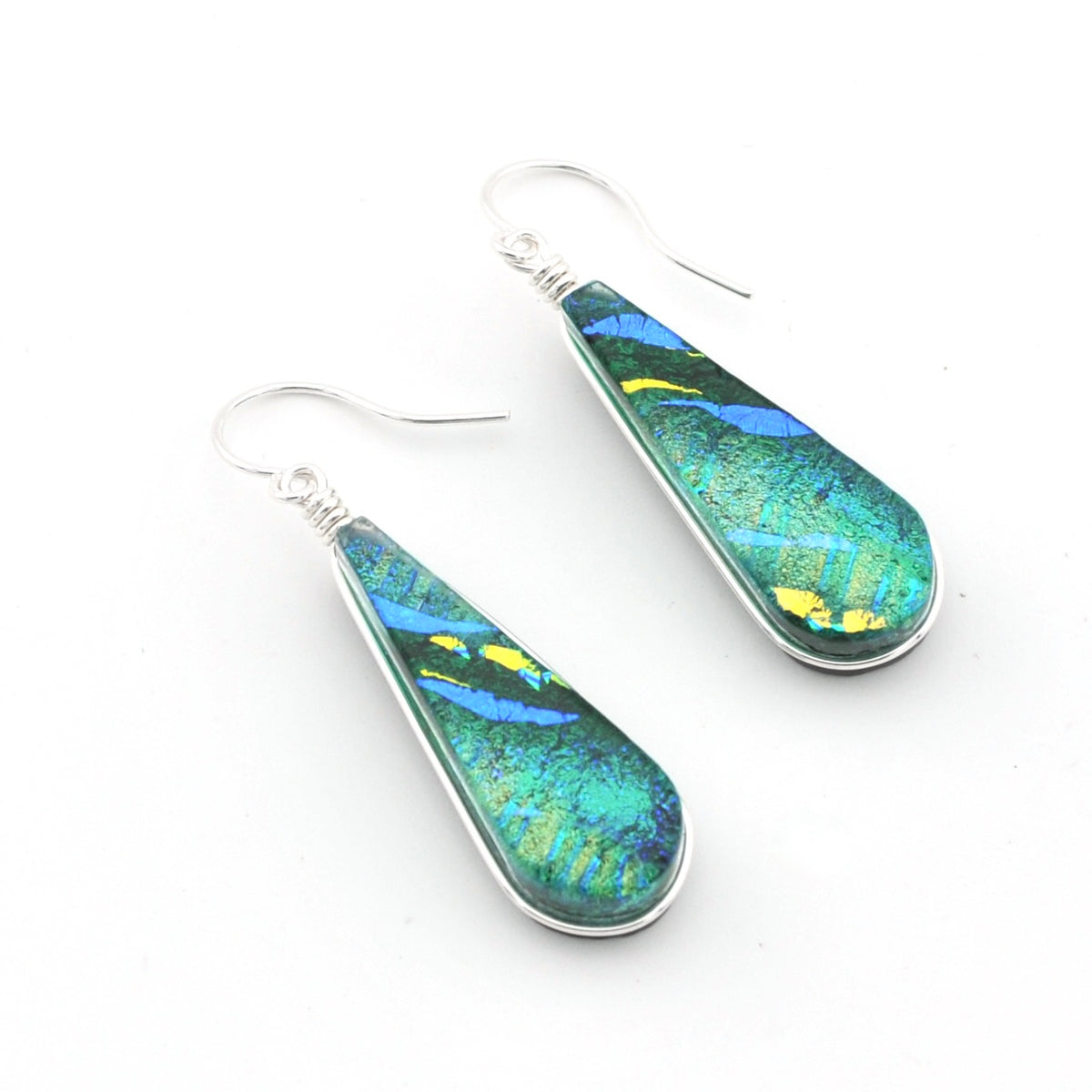 Dichroic Glass Teal Tear Dangle Earrings