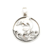 Silver pendant with a dolphin design on a white background