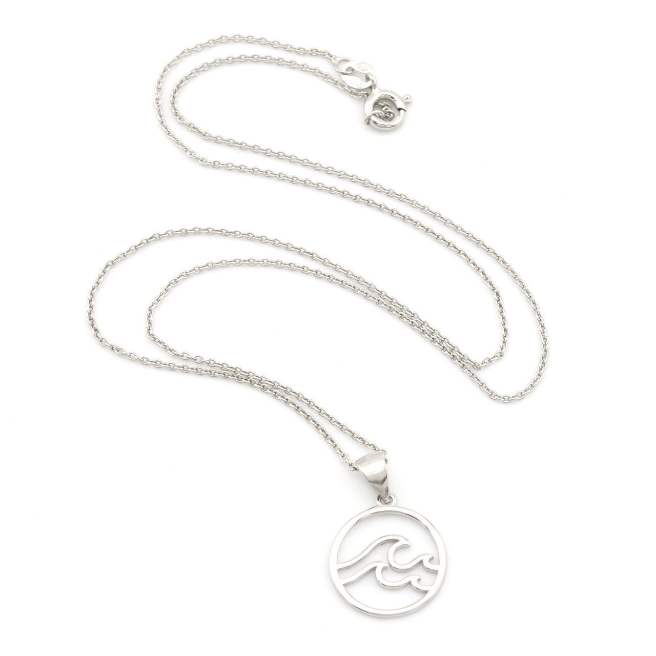 Silver necklace with a wave pendant on a white background