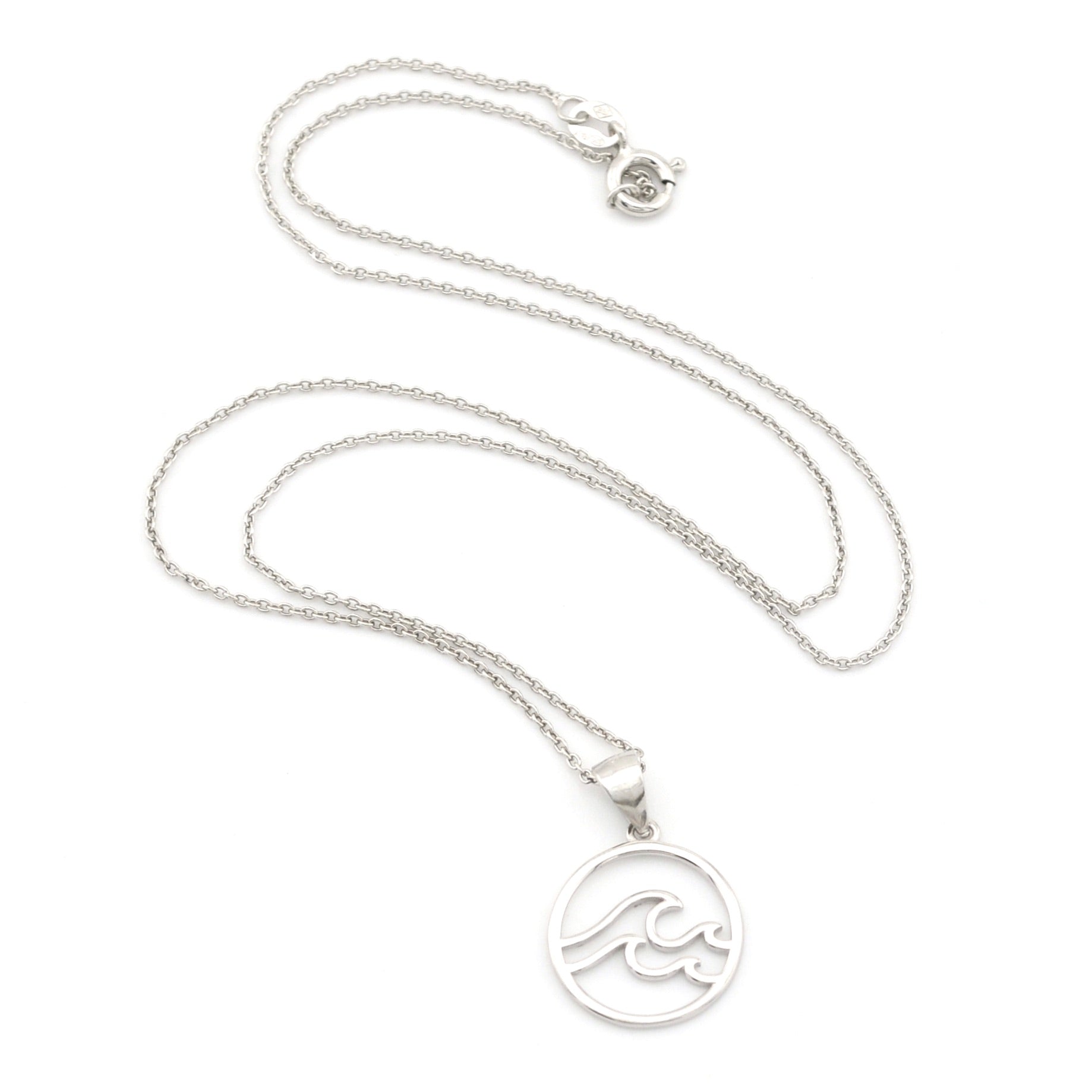 Silver necklace with a wave pendant on a white background