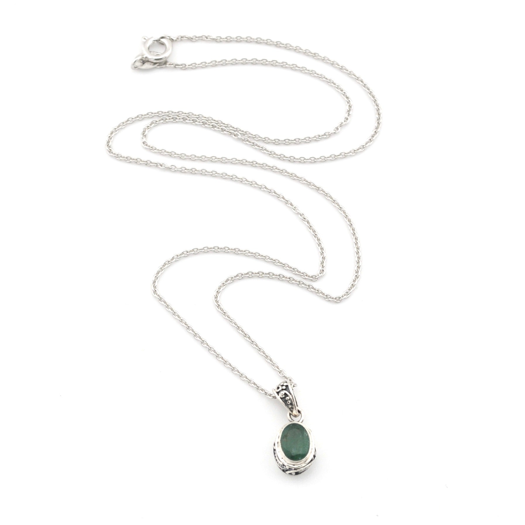Silver Emerald 5x7mm Oval Bali Necklace