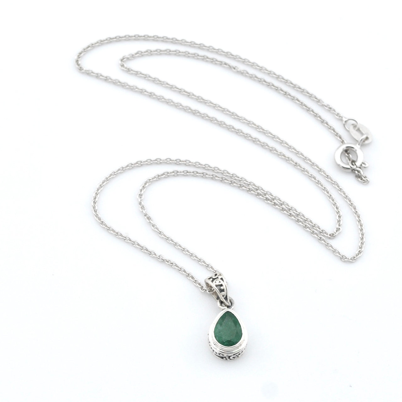 Silver Emerald 5x7mm Tear Bali Necklace