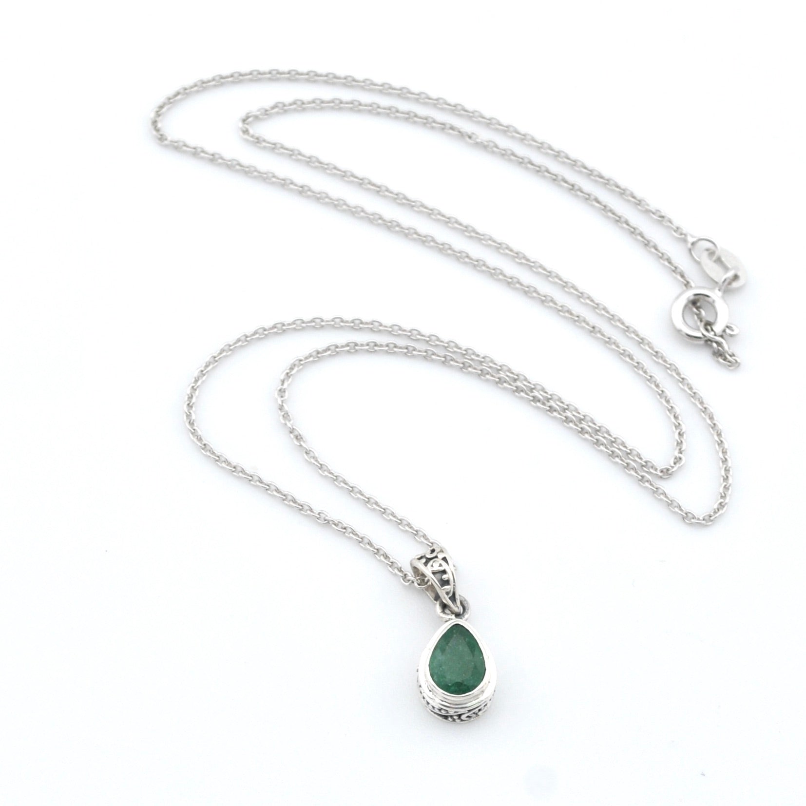 Silver Emerald 5x7mm Tear Bali Necklace