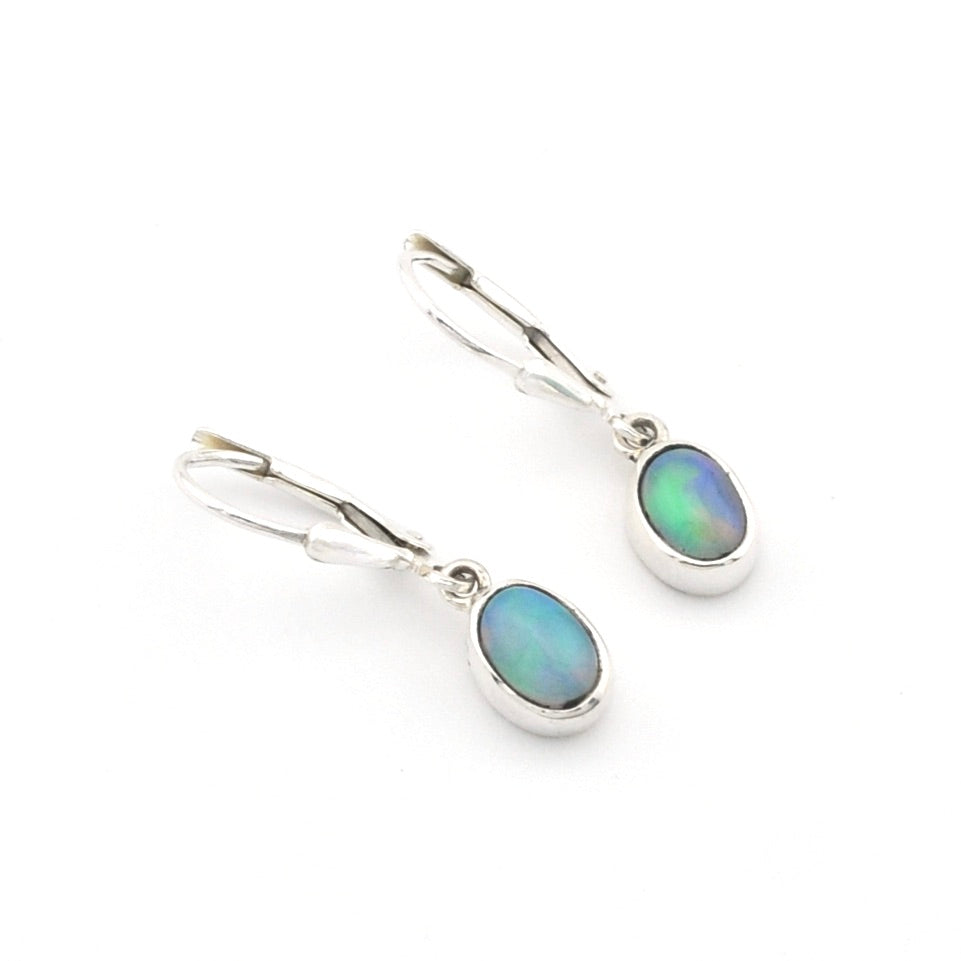 Pair of silver earrings with opal stones on a white background