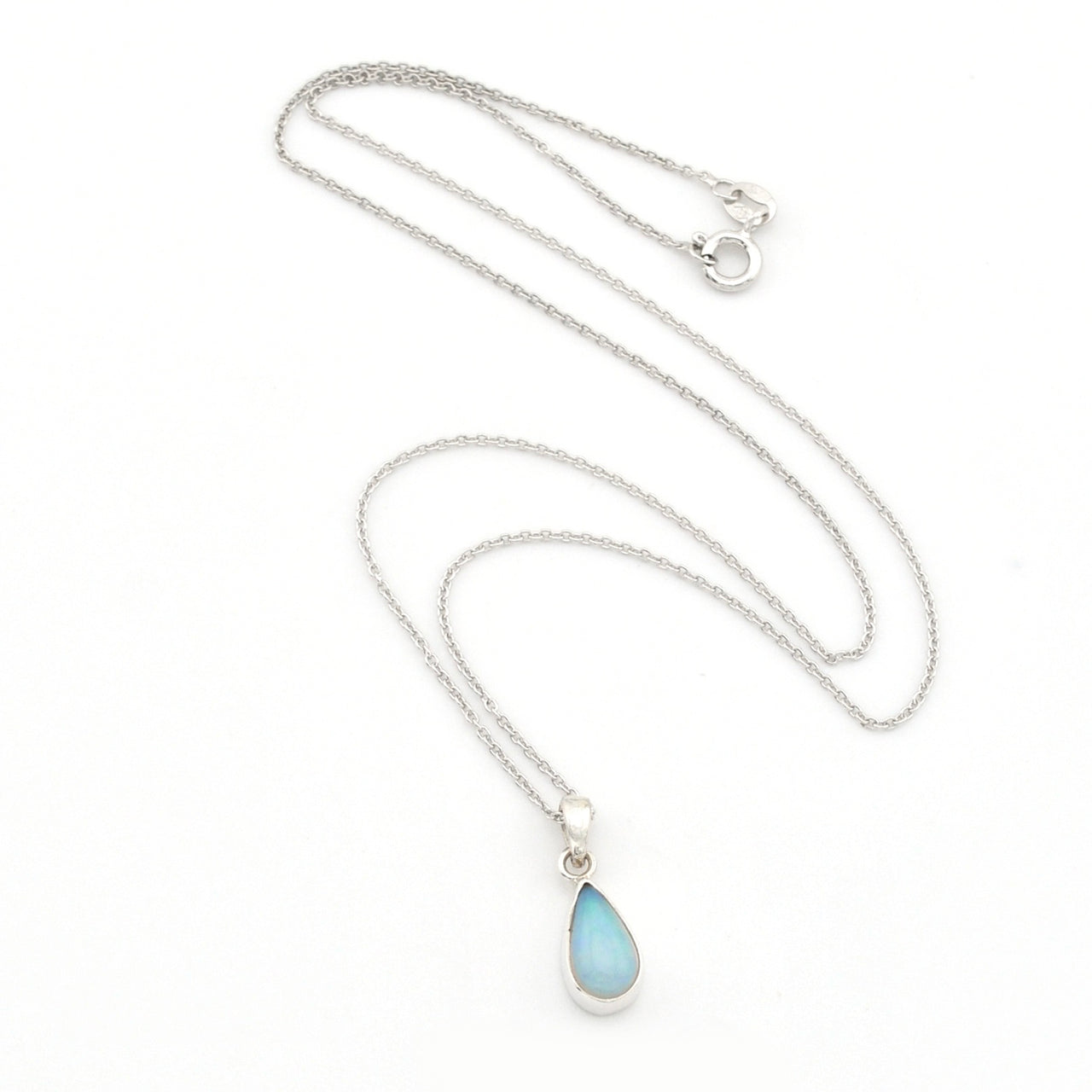 Silver Ethiopian Opal 6x11mm Tear Necklace on white background