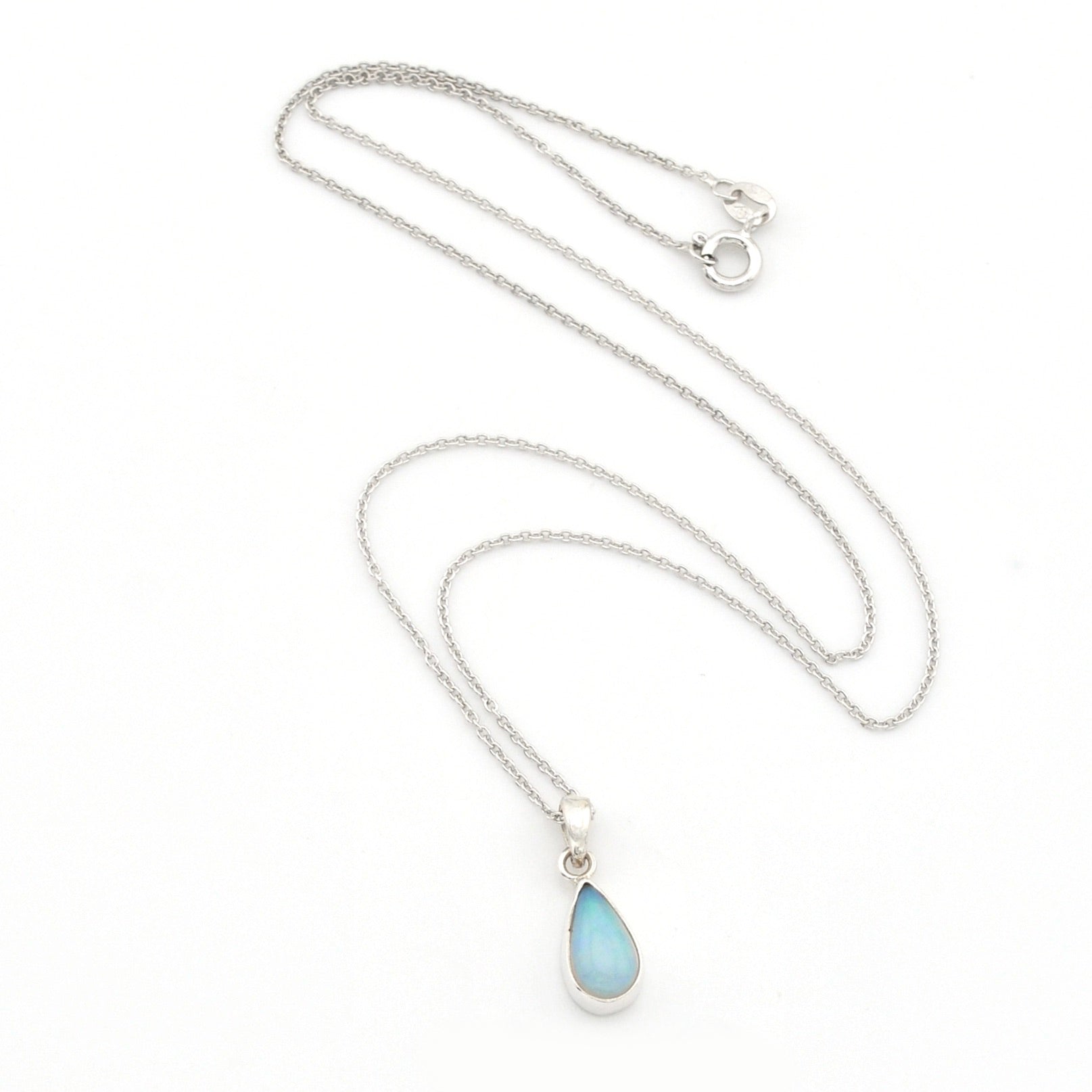 Silver Ethiopian Opal 6x11mm Tear Necklace on white background
