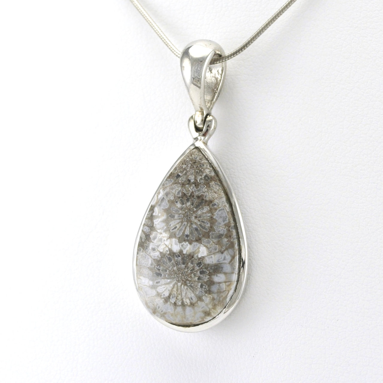 Silver Fossil Coral 15x25mm Tear Pendant