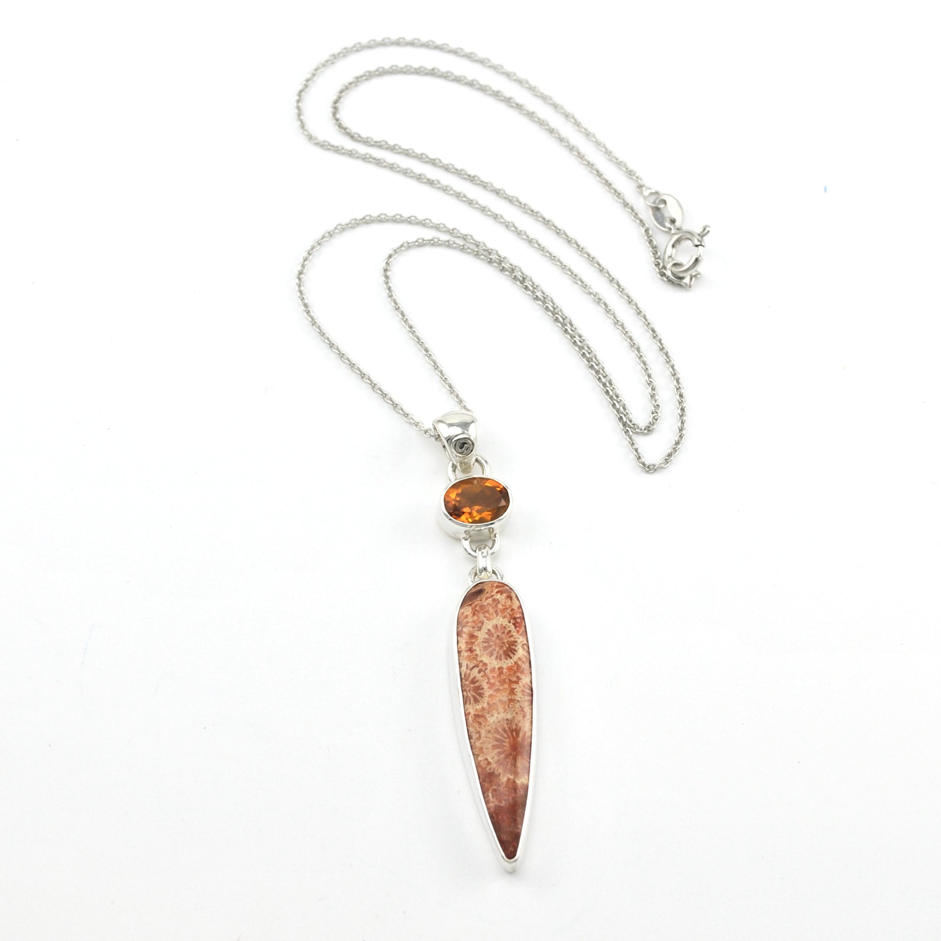Silver Fossil Coral with Oval Citrine Necklace