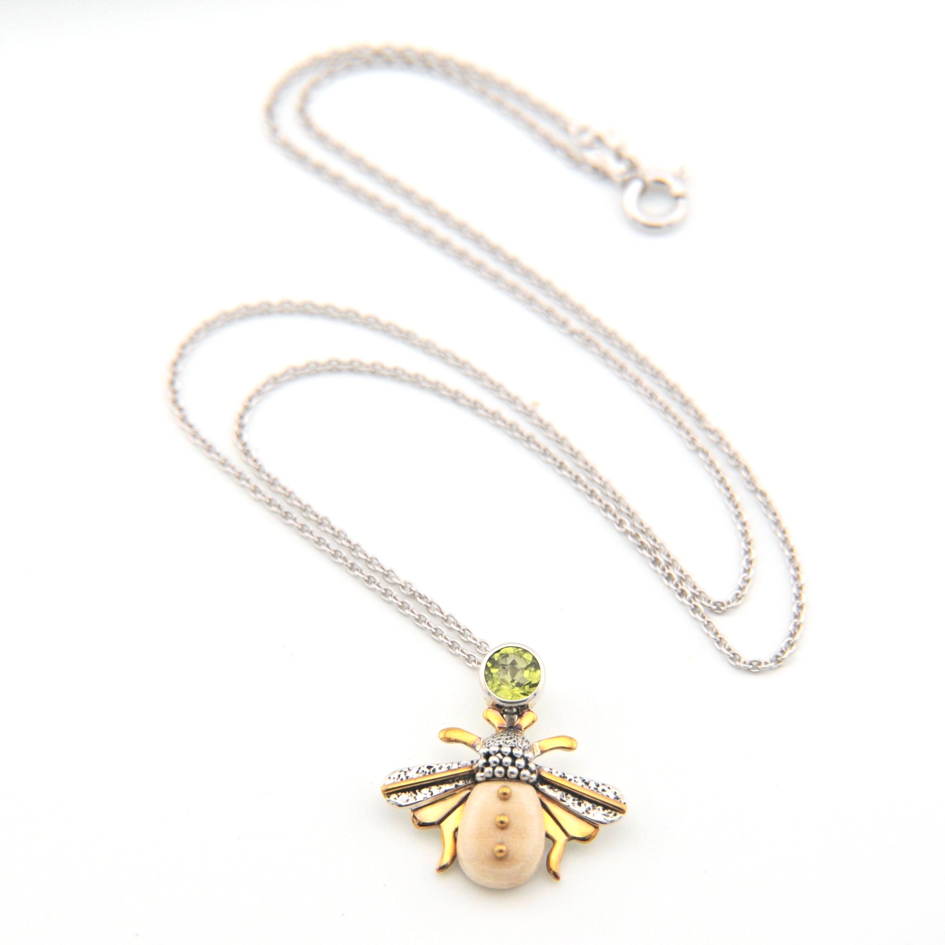 Silver Fossilized Ivory Peridot Bee Necklace
