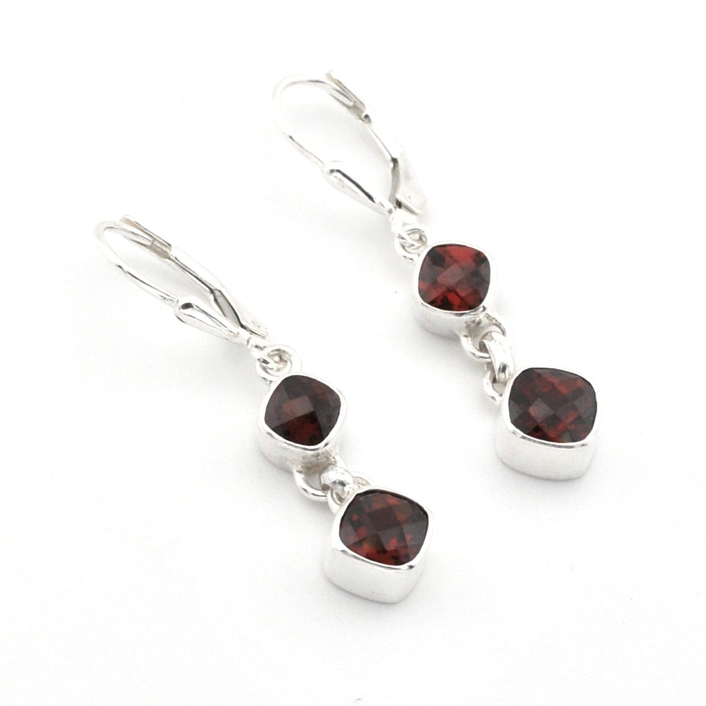 Silver Garnet 2 Offset Square Dangle Earrings on white background