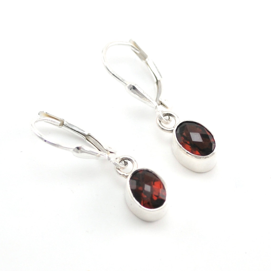 Silver Garnet 5x7mm Oval Dangle Earrings