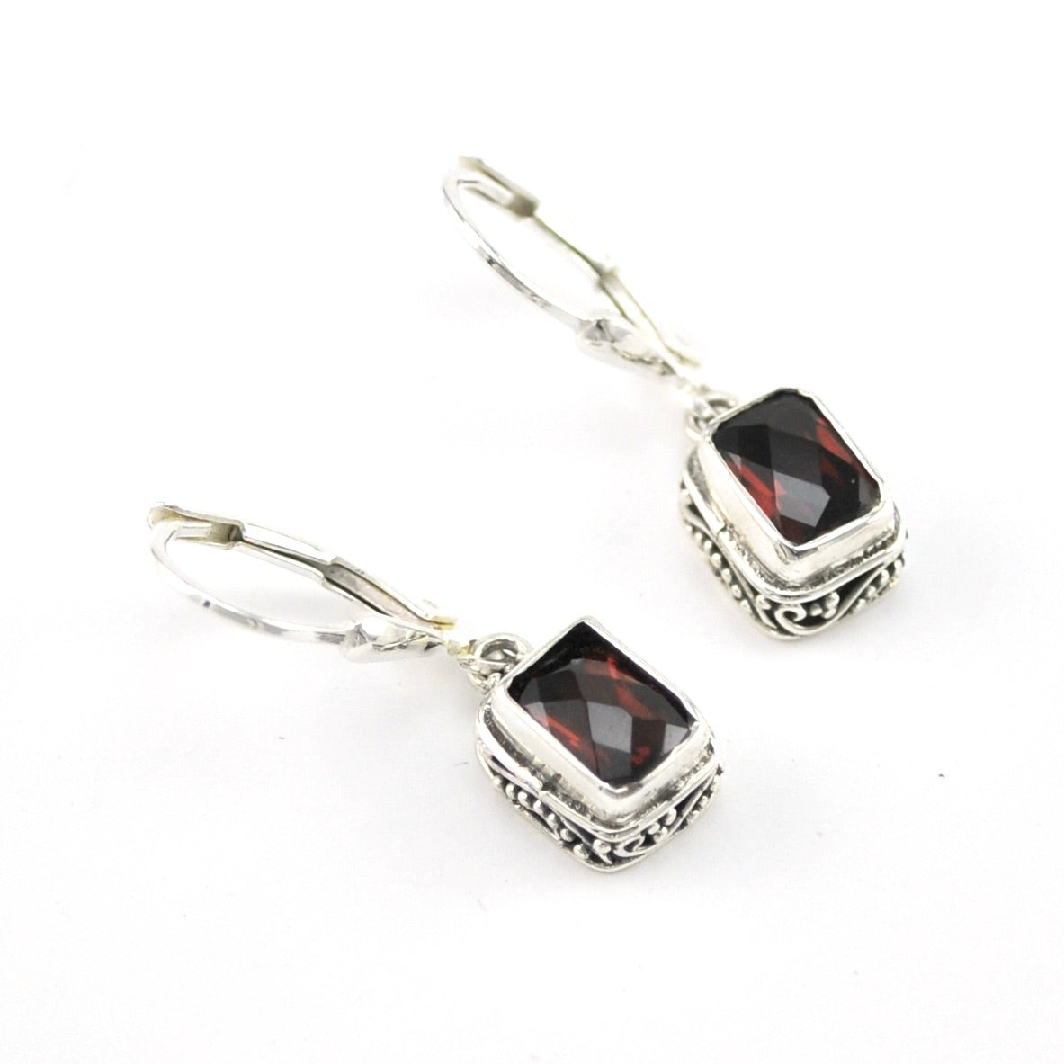 Silver Garnet 5x7mm Rectangle Bali Dangle Earrings