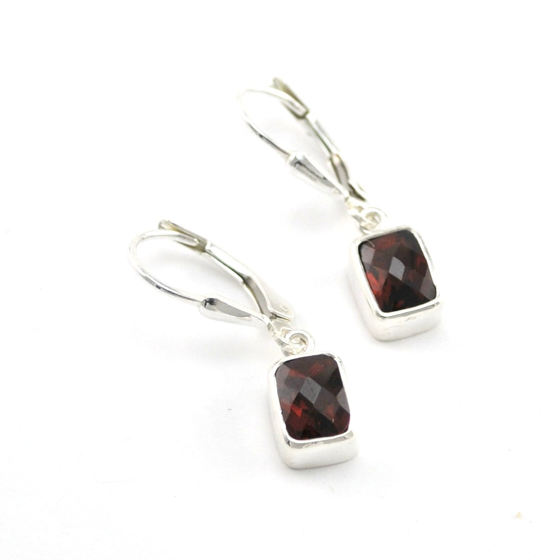 Silver Garnet 5x7mm Rectangular Dangle Earrings