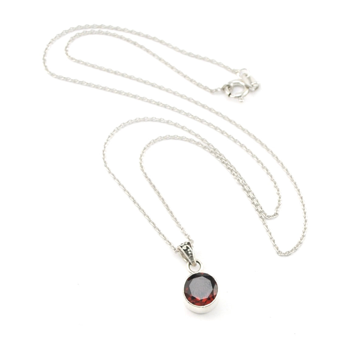 Silver Garnet 8mm Round Bali Necklace