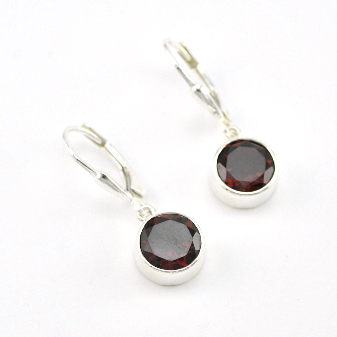 Silver Garnet 8mm Round Dangle Earrings