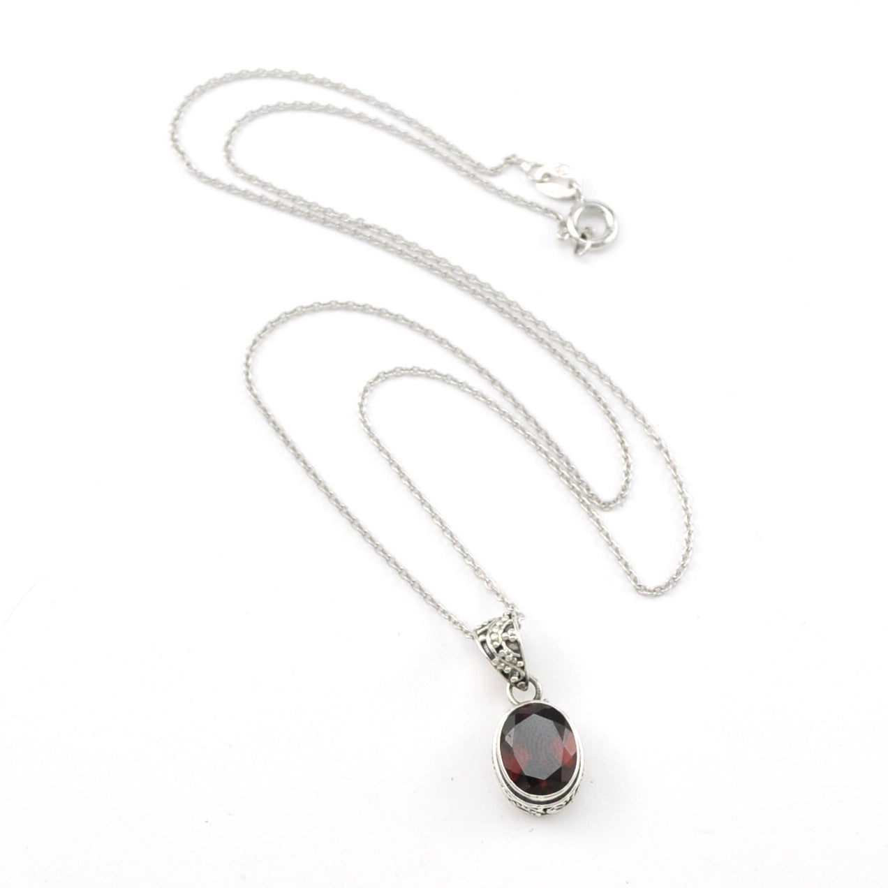 Silver Garnet 8x10mm Oval Bali Necklace