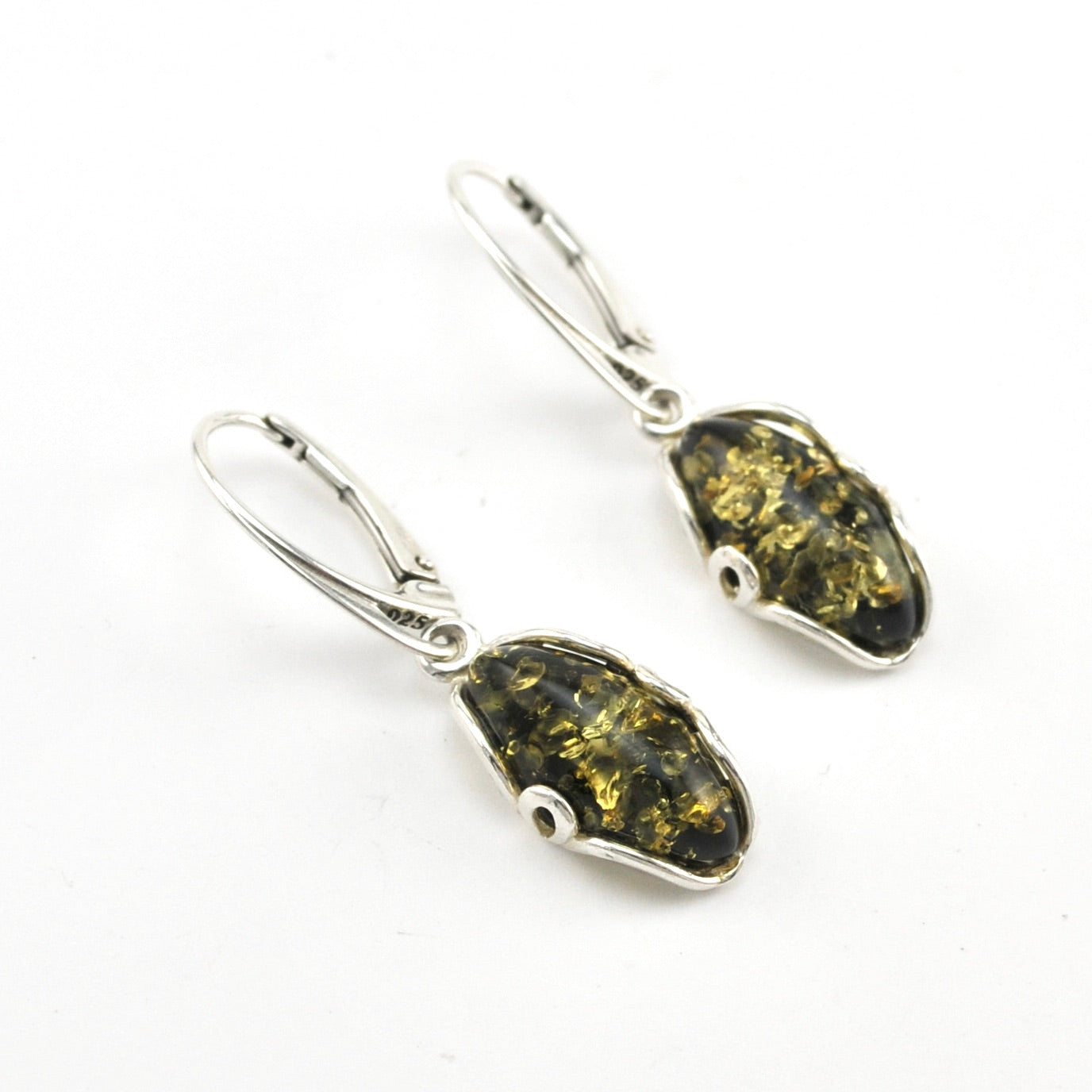 Silver Green Amber Long Oval Dangle Earrings