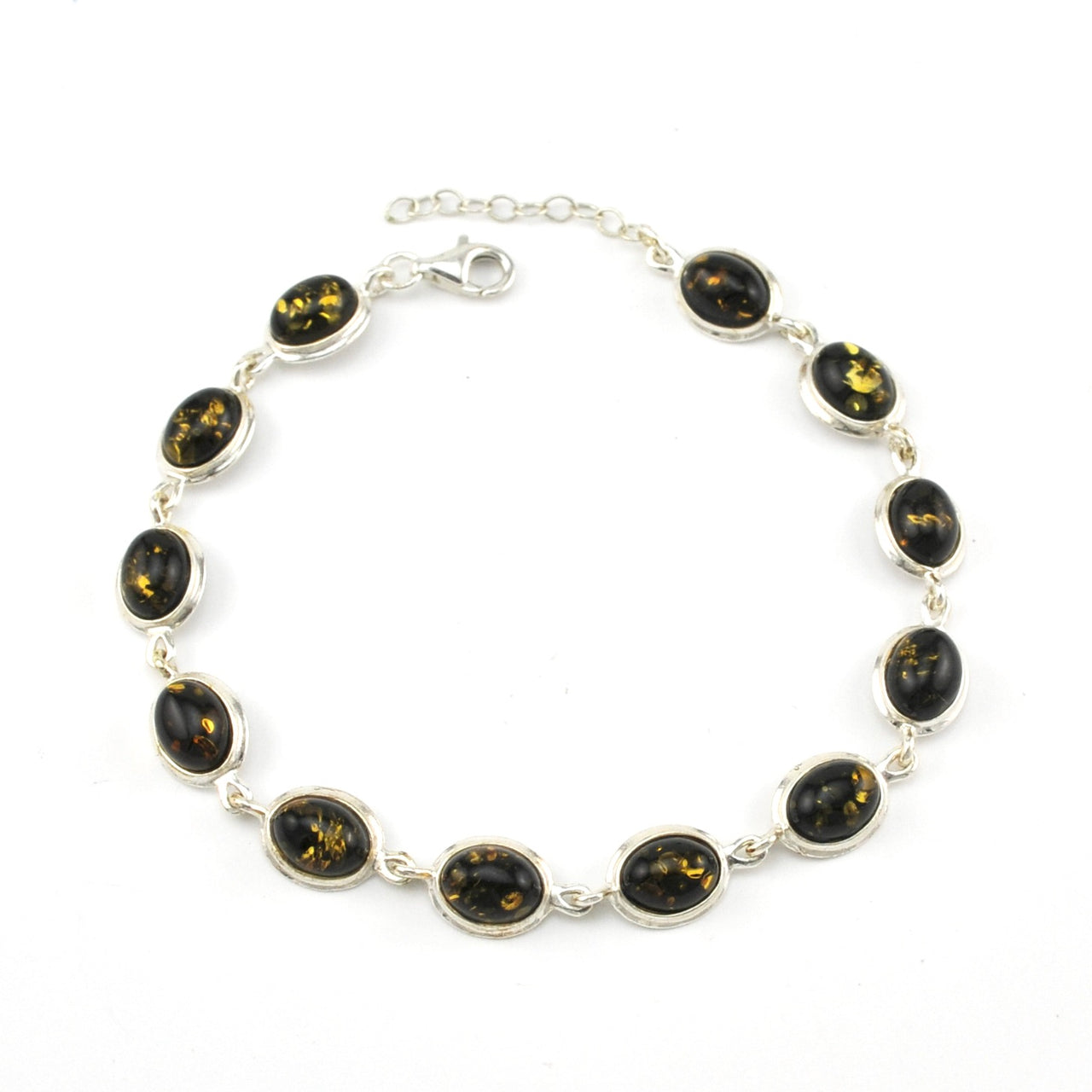 Silver Green Amber Oval Link Bracelet