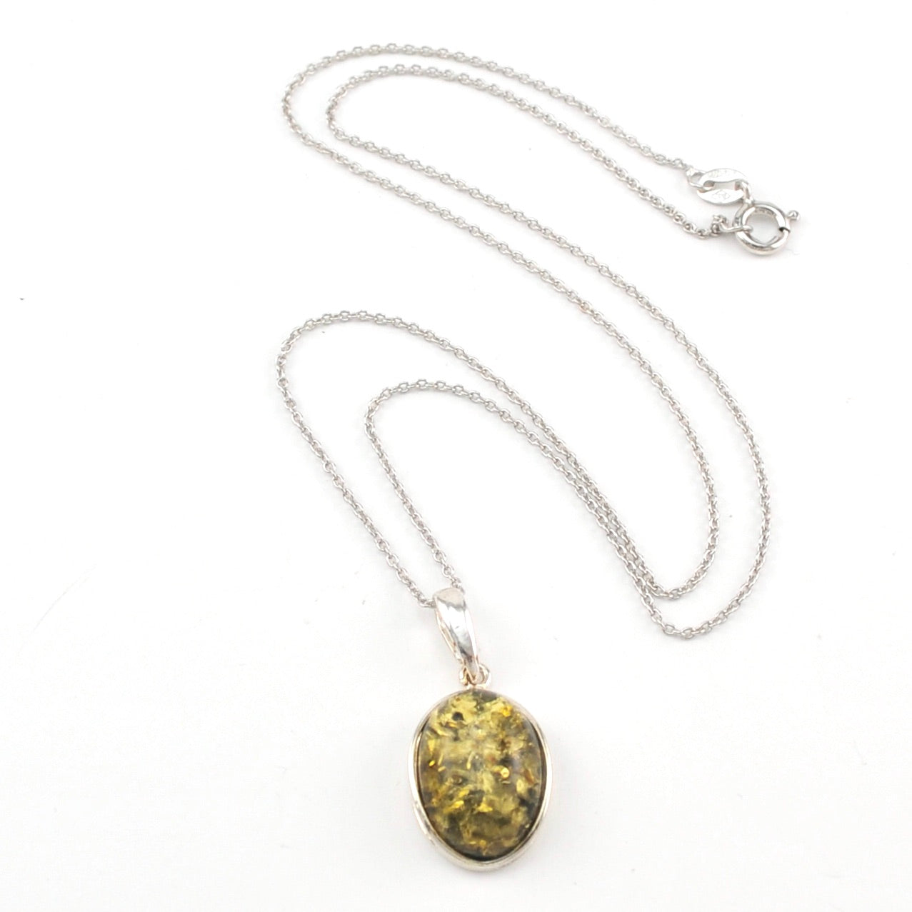 Silver Green Amber Oval Necklace