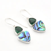 Silver Green Quartz Abalone Trillion Dangle Earrings on white background