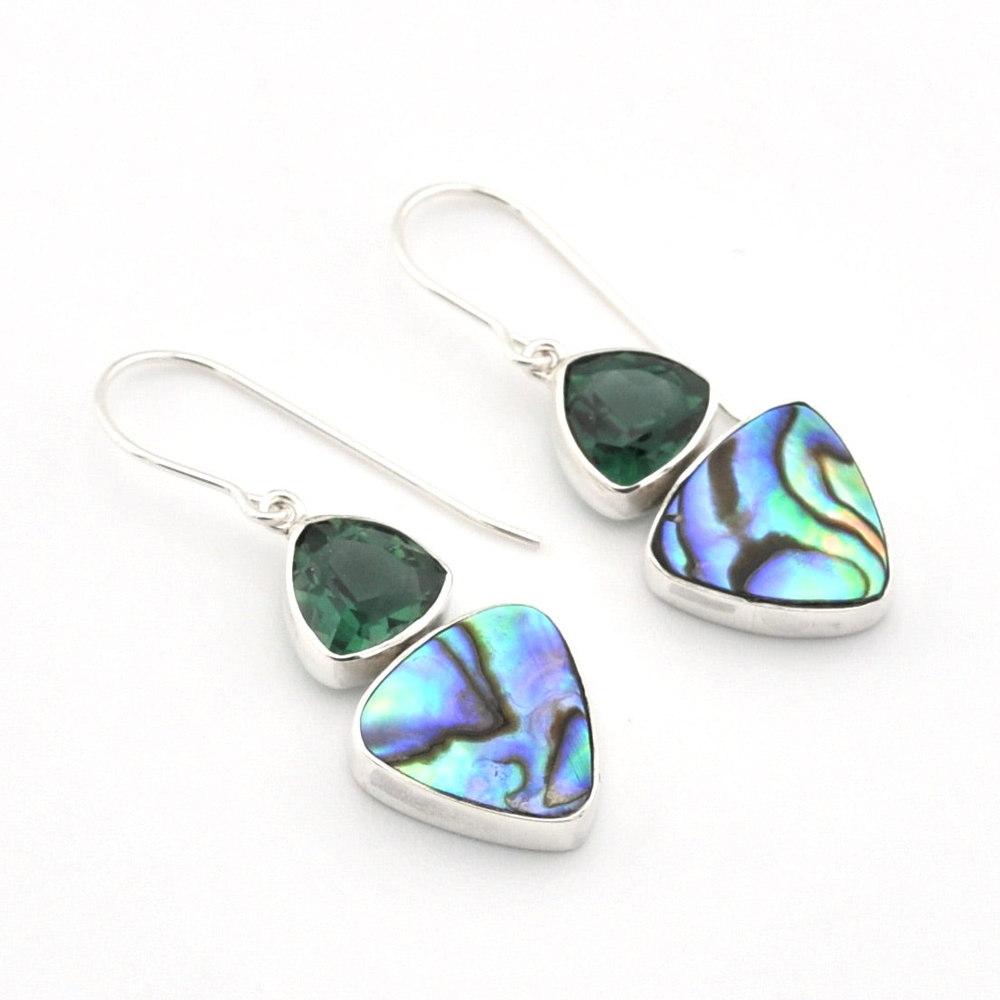 Silver Green Quartz Abalone Trillion Dangle Earrings on white background
