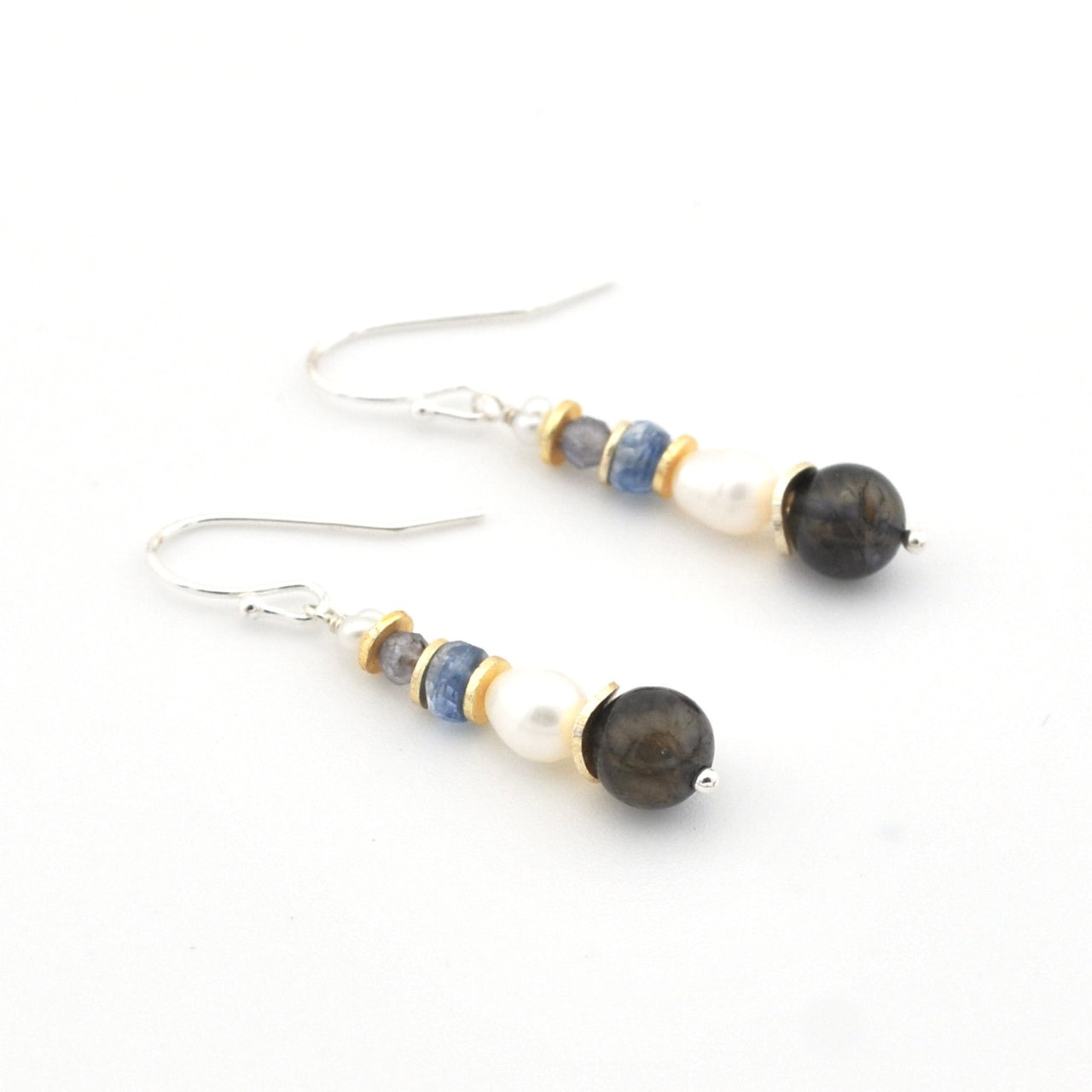 Silver Iolite Kyanite Pearl Dangle Earrings