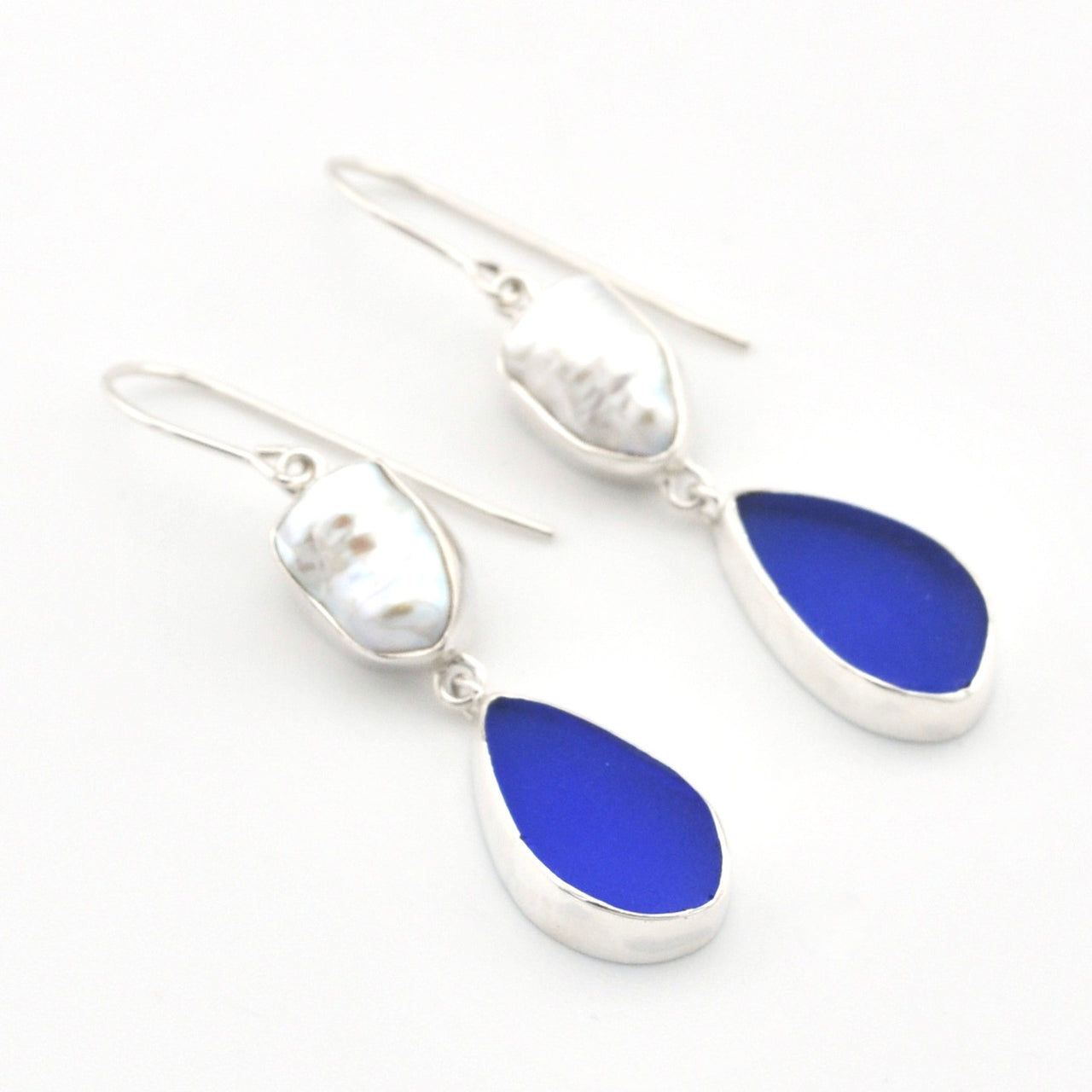 Silver Keshi Pearl Blue Sea Glass Dangle Earrings on white background