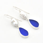 Silver Keshi Pearl Blue Sea Glass Dangle Earrings on white background