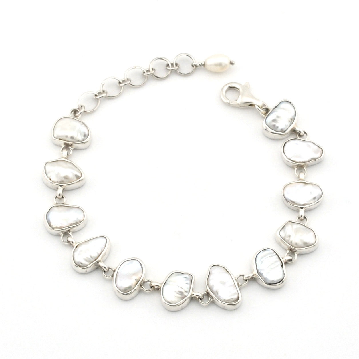 Silver Keshi Pearl Link Bracelet on white background
