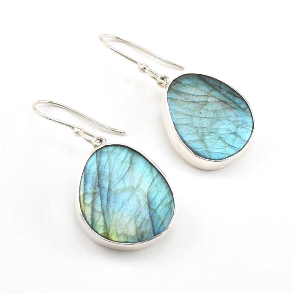 Silver Labradorite Round Dangle Earrings