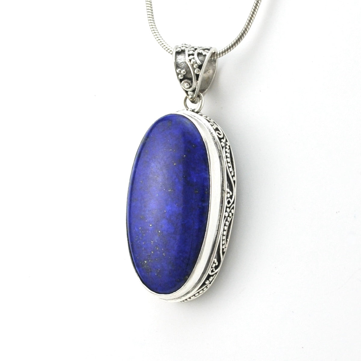 Silver Lapis 16x28mm Oval Bali Pendant