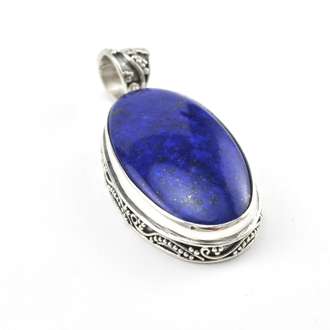 Silver Lapis 16x28mm Oval Bali Pendant detail view